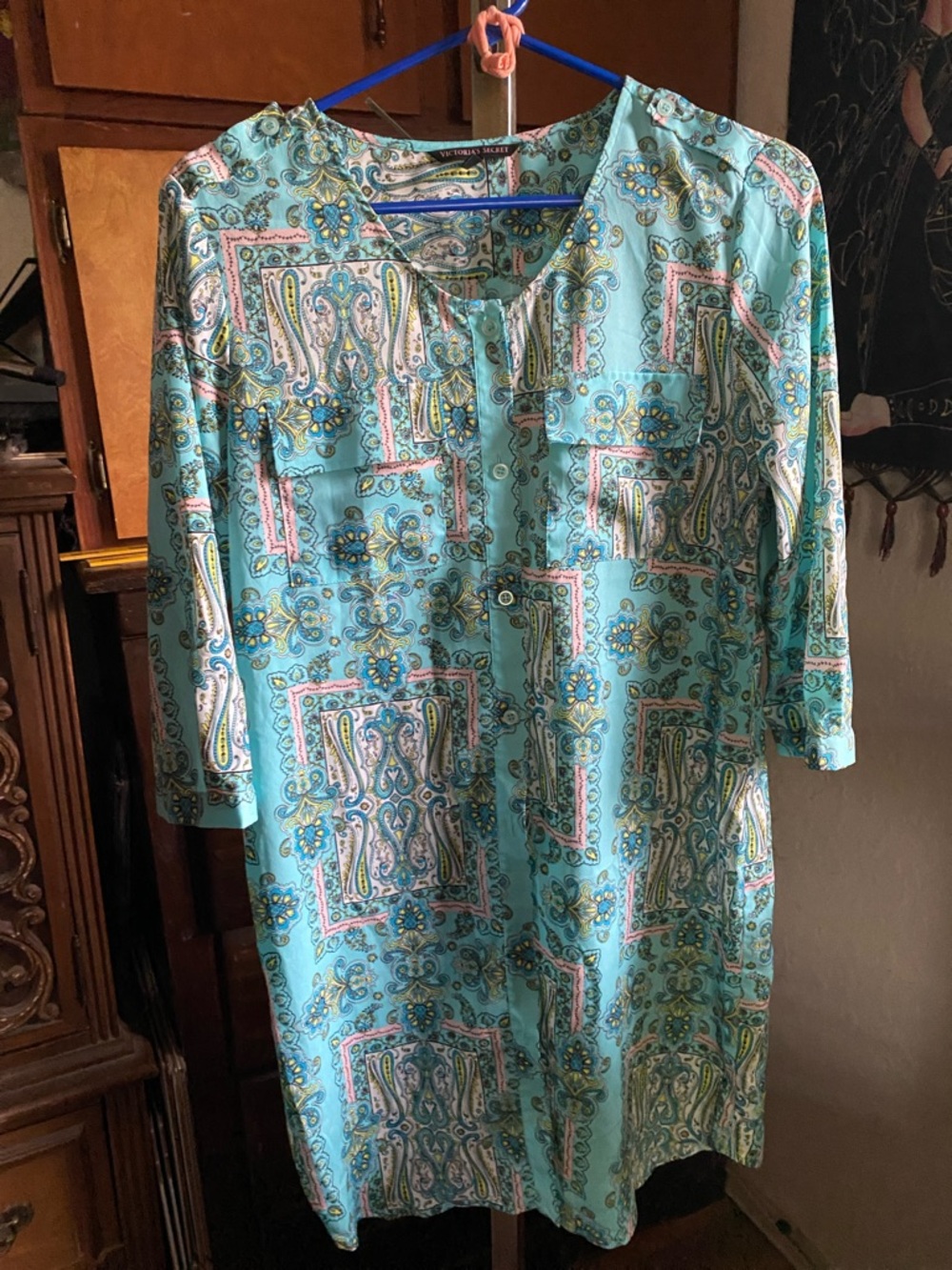 Victoria's Secret Turquoise Paisley Long-Sleeve Shift Dress